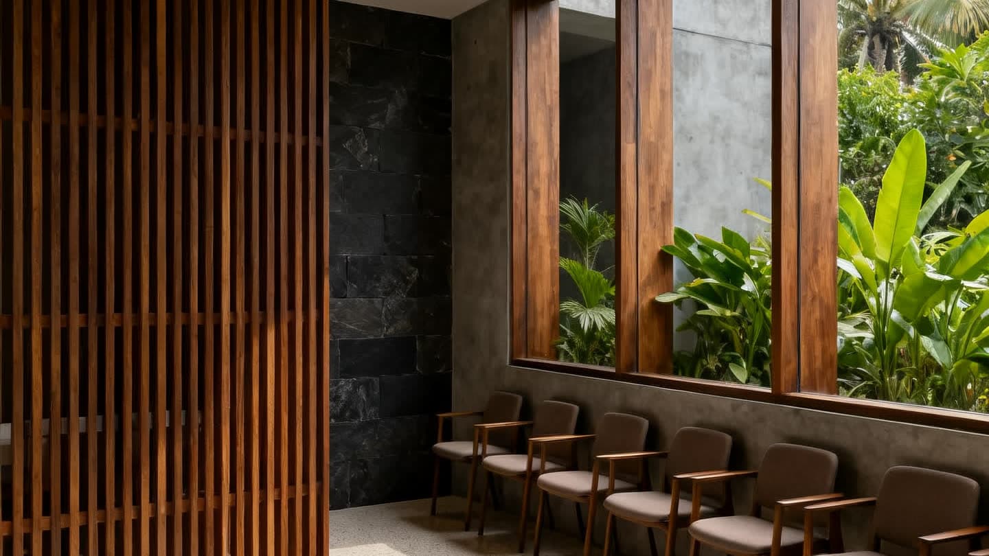 The empty waiting area of a modern clinic in tropical architecture, timber screen and windows onto planting