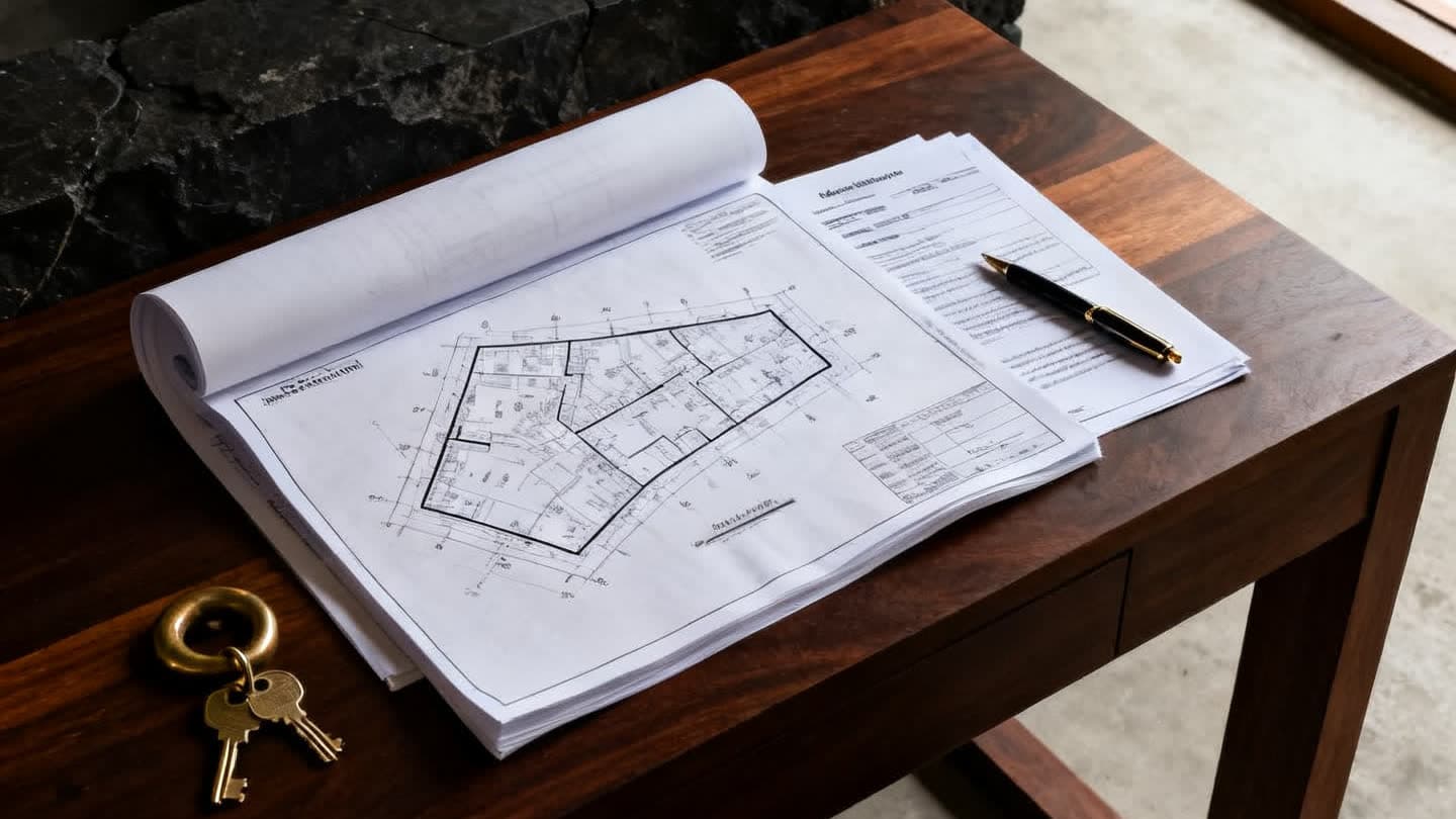 A rolled land survey drawing, property documents, a pen and a set of house keys on a dark timber desk