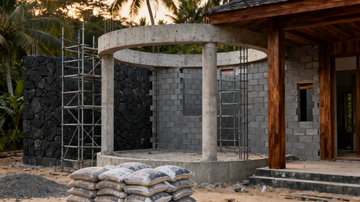 The reinforced concrete frame of a half-built villa with block walls partly laid, steel scaffolding and stacked cement bags in front of it, on a cleared plot surrounded by coconut palms.