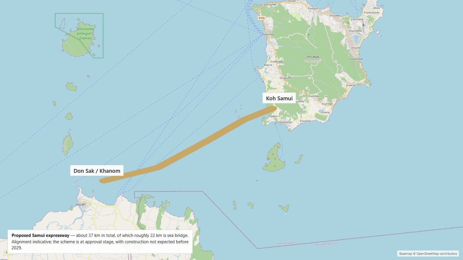 Map of the proposed Samui expressway, showing the indicative route from Don Sak and Khanom on the mainland across the gulf to the west coast of Koh Samui