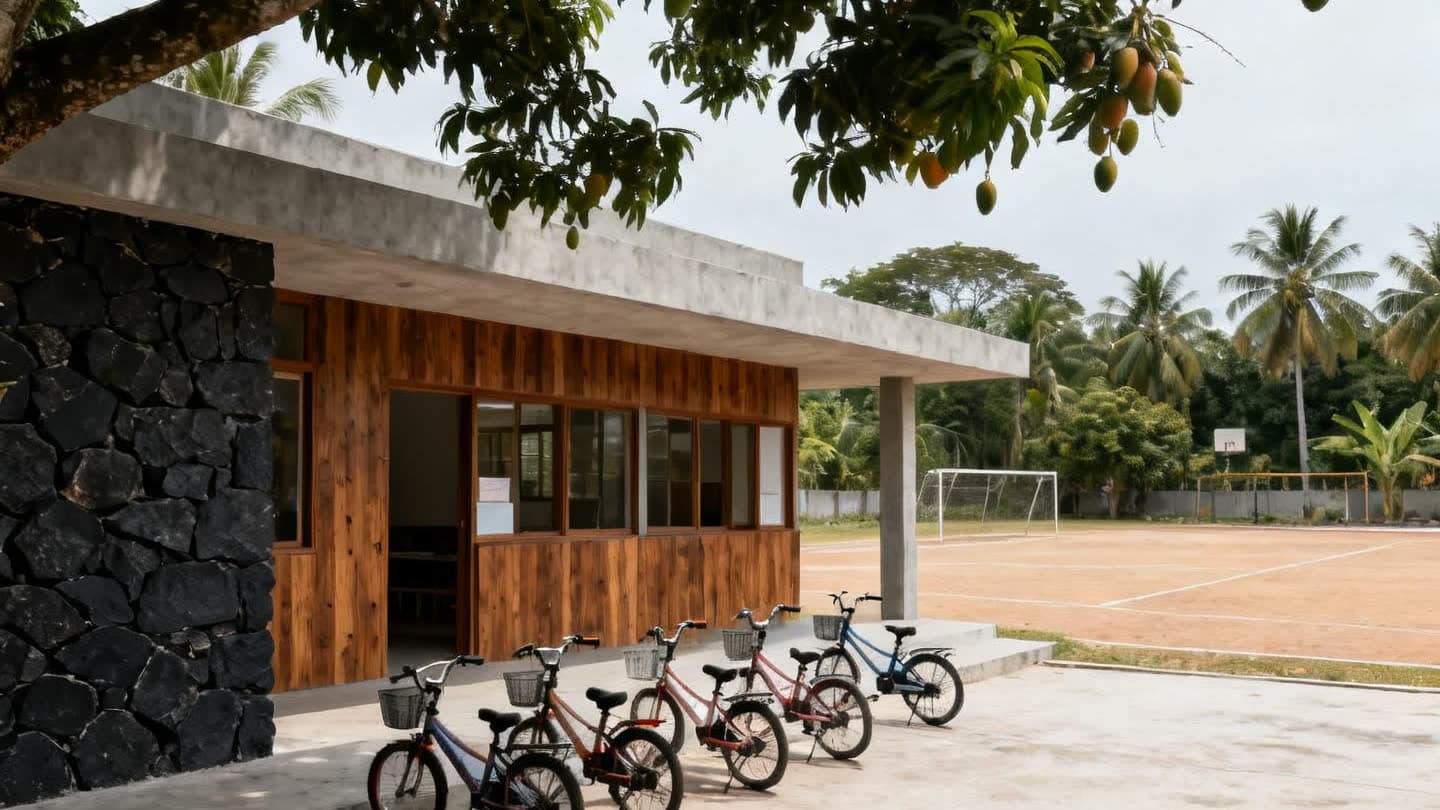 Bicycles parked outside a low tropical school building, with a sports court and mango trees beyond
