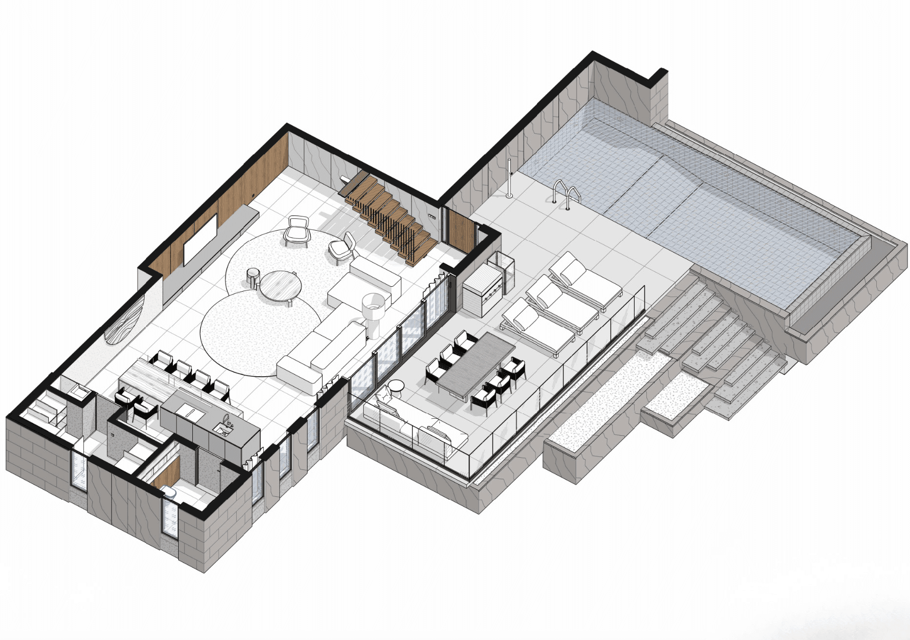 Ground level at +0.000 — open living and kitchen, guest WC, dining terrace, sun deck and the 10 × 4 m overflow pool