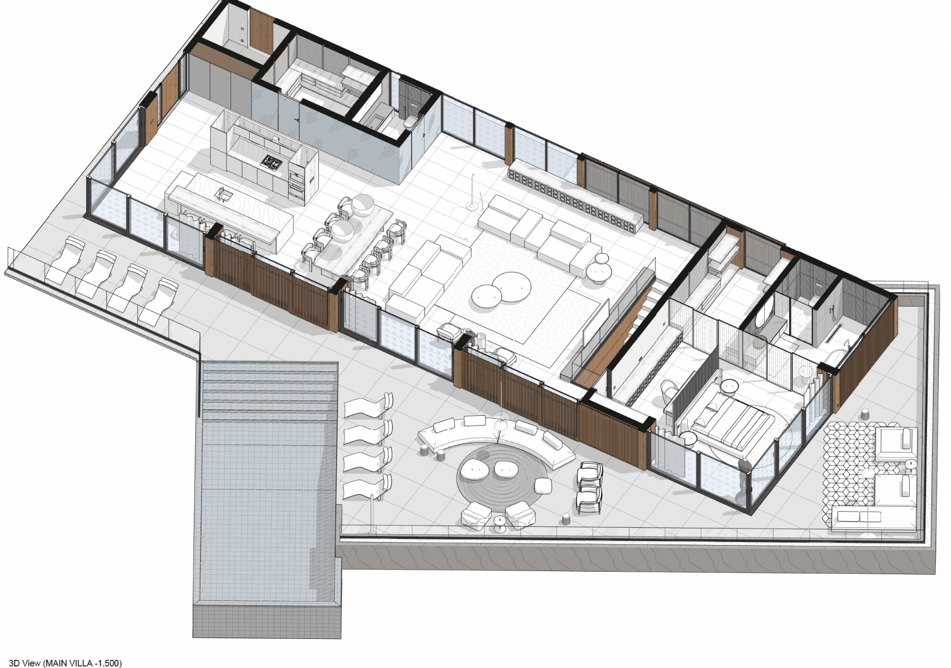 Main villa at −1.500 — open living, dining and kitchen running the length of the house, the master suite at the far end, and the pool terrace along the front. 223.01 m² enclosed